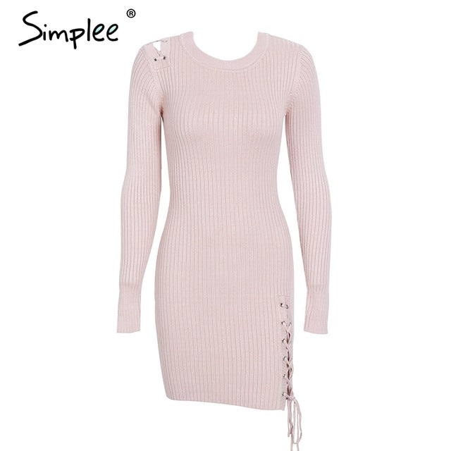 Simplee Lace up skinny knitted sweater dress women Elegant