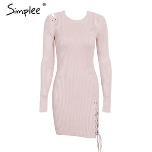 Simplee Lace up skinny knitted sweater dress women Elegant