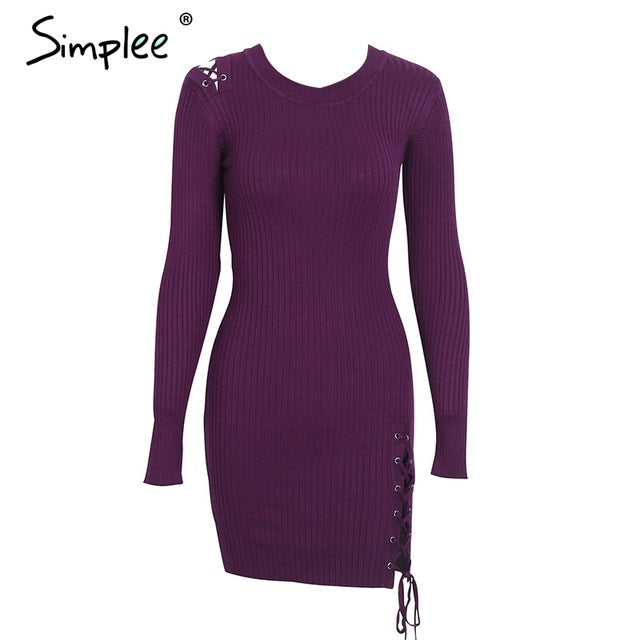 Simplee Lace up skinny knitted sweater dress women Elegant