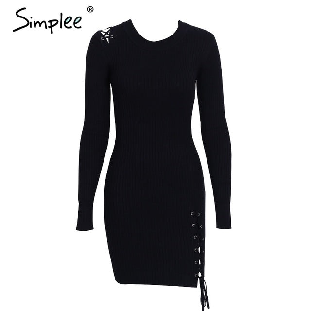 Simplee Lace up skinny knitted sweater dress women Elegant