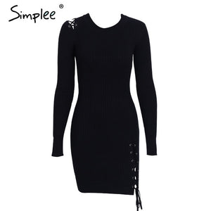 Simplee Lace up skinny knitted sweater dress women Elegant