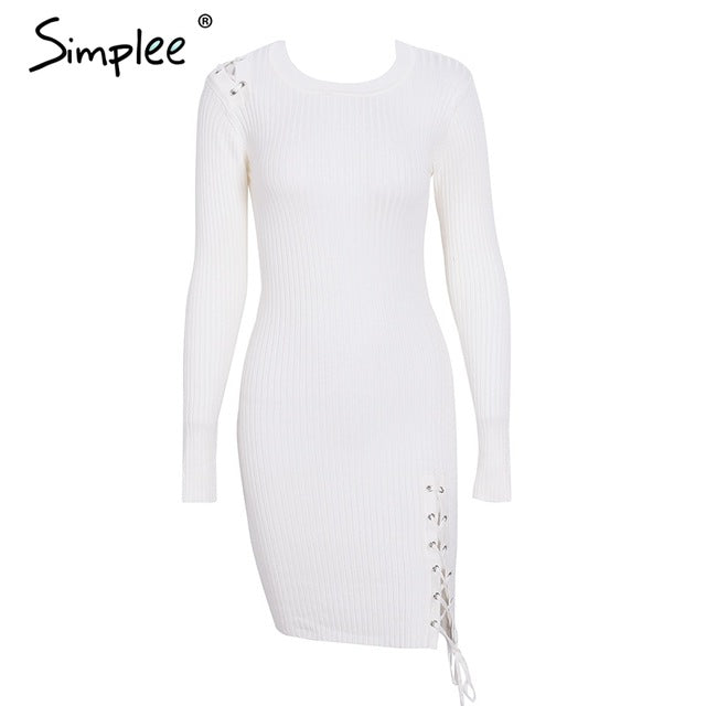 Simplee Lace up skinny knitted sweater dress women Elegant