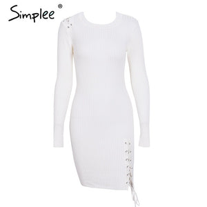 Simplee Lace up skinny knitted sweater dress women Elegant