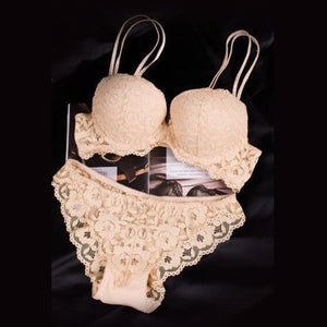 Double Strap Push Up Bra And Panty Set Thickening Deep V Bra Sexy Lace Floral Embroidery Briefs Set Women Underwear Lingerie Set