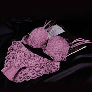 Double Strap Push Up Bra And Panty Set Thickening Deep V Bra Sexy Lace Floral Embroidery Briefs Set Women Underwear Lingerie Set