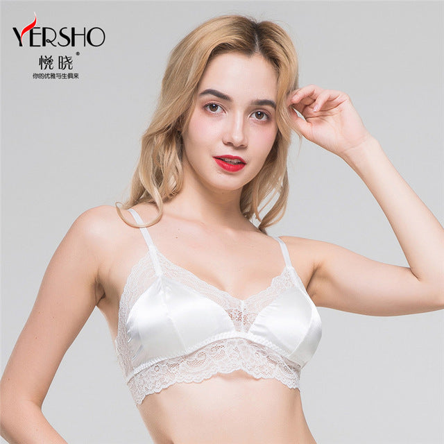 NEW Fashion Women Sexy 3/4 cup bra 100%Natural Silk Lining and Lace Wire Free Bras Everyday bralette Black bralett