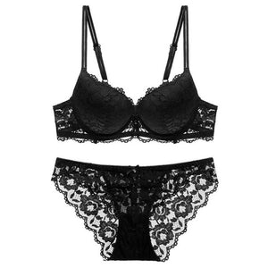 Women Sexy Bra Set Ultra-thin Lace Bras Underwear Push up Bra And Panties Set 3/4 Cup Solid Flower Suit