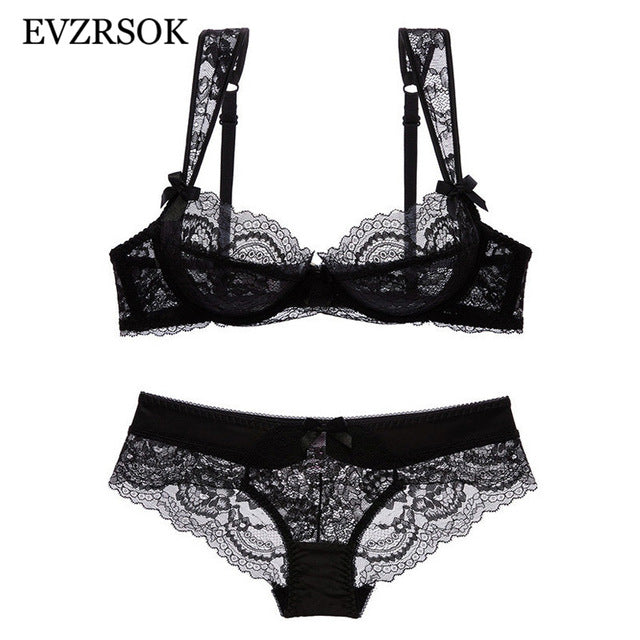 Black Fshion Women Underwear Sexy Bra Panties Set Plus Size C D Cup Embroidery Lace Lingerie Set Hollow Out Transparent Bras